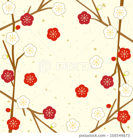 框架風格的紅梅和白梅樹枝的插圖。1:1 縱橫比版本。 框架風格的紅梅和白梅樹枝的插圖。1:1 縱橫比版本。 108549873
