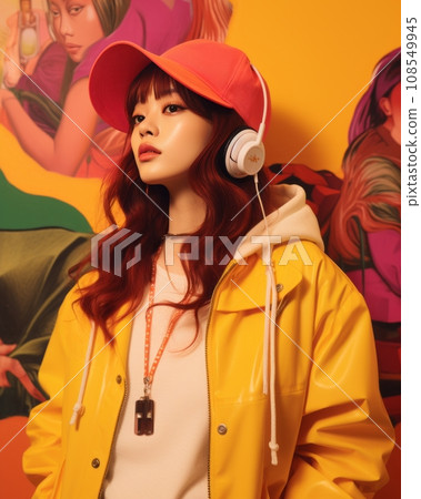 a woman in a yellow raincoat and pink hat with headphones 108549945