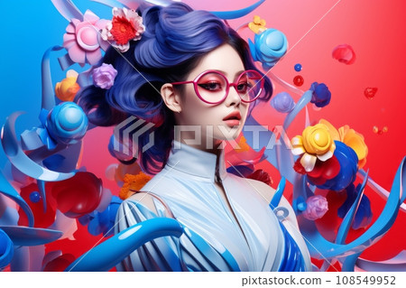 a woman with blue hair and glasses is surrounded by colorful flowers 108549952
