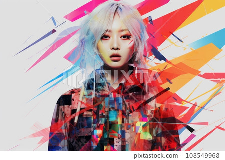 a woman with bright hair and colorful hair is standing in front of an abstract background 108549968