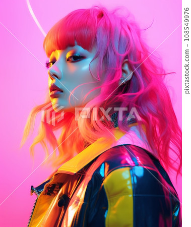 a woman with bright pink hair and neon jacket 108549976
