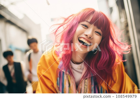 a woman with bright pink hair is smiling a woman with bright pink hair is smiling 108549979