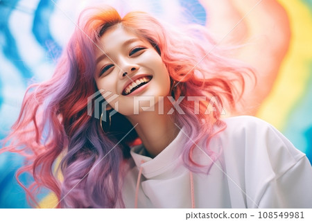a woman with bright pink hair smiles while posing in front of a rainbow colored background 108549981