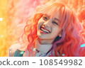 a woman with bright pink hair smiling in front of a colorful background 108549982