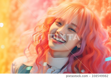 a woman with bright pink hair smiling in front of a colorful background a woman with bright pink hair smiling in front of a colorful background 108549982