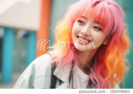 a woman with bright pink hair smiling a woman with bright pink hair smiling 108549983
