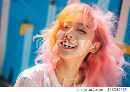 a woman with bright pink hair smiling 108549985