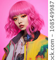 a woman with bright pink hair wearing a colorful jacket 108549987