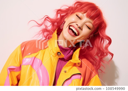 a woman with bright red hair is smiling a woman with bright red hair is smiling 108549990