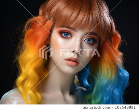 a woman with colorful hair and blue eyes 108549991