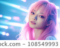 a woman with pink hair and bright lights in the background 108549993
