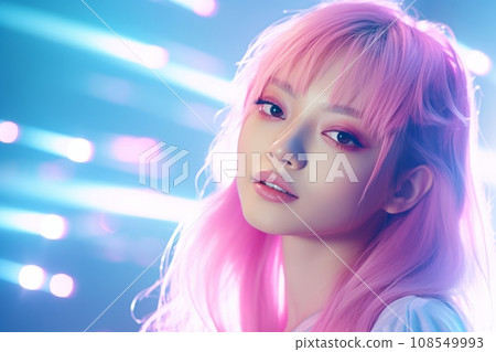 a woman with pink hair and bright lights in the background 108549993