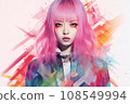 a woman with pink hair and bright makeup is standing in front of a colorful background 108549994