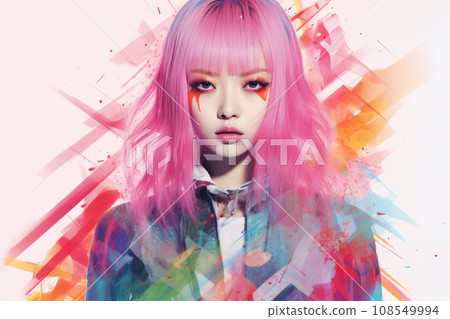 a woman with pink hair and bright makeup is standing in front of a colorful background a woman with pink hair and bright makeup is standing in front of a colorful background 108549994