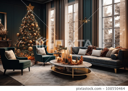 A cozy interior living room decorated for Christmas with a Christmas tree. The image captures the warm and inviting atmosphere of the holiday season A cozy interior living room decorated for Christmas with a Christmas tree. The image captures the warm and inviting atmosphere of the holiday season 108550464