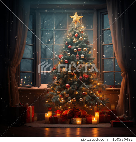 A cozy interior living room decorated for Christmas with a Christmas tree with presents gift boxes. The image captures the warm and inviting atmosphere of the holiday season 108550482