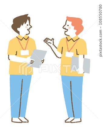 Male care manager talking about work_color 108550780