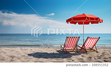 deckchair with red umbrella on the beach with sea view background on a sunny day. leisure and relaxation on vacation and holiday concept. generative AI 108551352