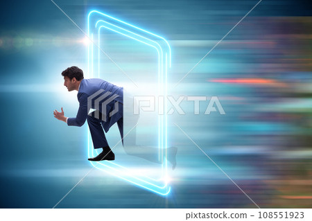 Businessman entering virtual world in business concept 108551923