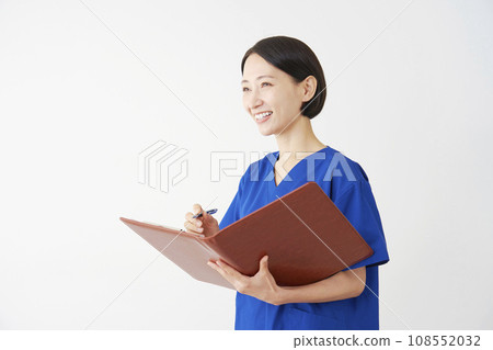 Female doctor interviewing white background Female doctor interviewing white background 108552032