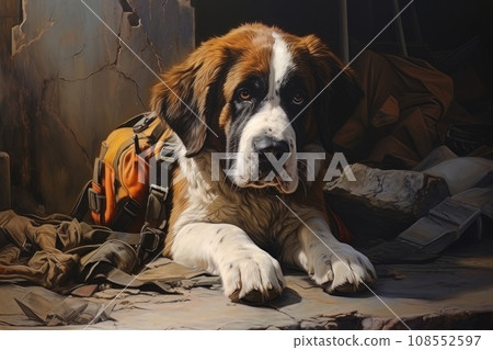 Rescue dog against the background of ruins AI 108552597