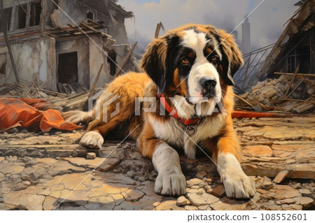 Rescue dog against the background of ruins AI Rescue dog against the background of ruins AI 108552601
