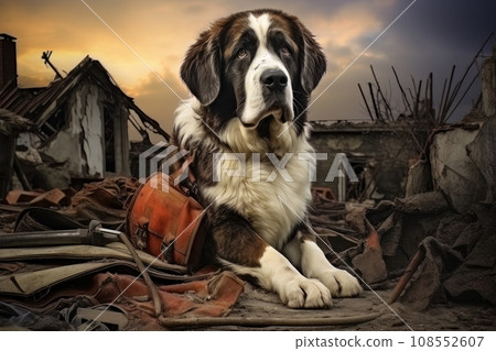 Rescue dog against the background of ruins AI Rescue dog against the background of ruins AI 108552607