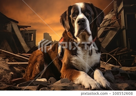 Rescue dog against the background of ruins AI Rescue dog against the background of ruins AI 108552608