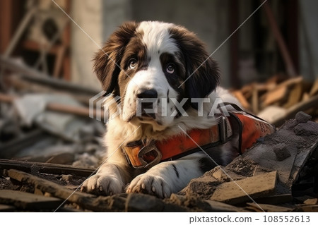 Rescue dog against the background of ruins AI Rescue dog against the background of ruins AI 108552613