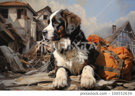 Rescue dog against the background of ruins AI Rescue dog against the background of ruins AI 108552639