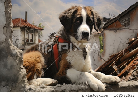 Rescue dog against the background of ruins AI Rescue dog against the background of ruins AI 108552652