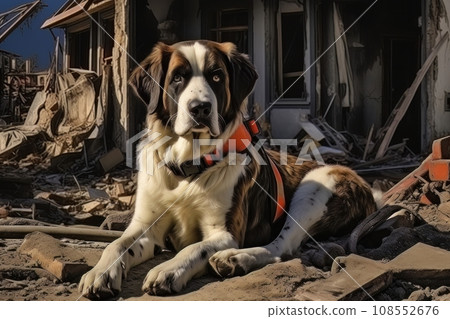 Rescue dog against the background of ruins AI 108552676