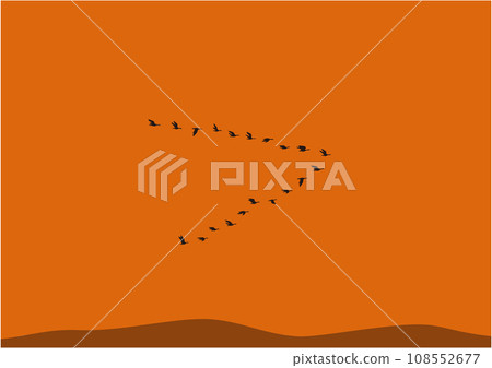An illustration of dozens of migratory birds flying in a V-shape over the twilight land. An illustration of dozens of migratory birds flying in a V-shape over the twilight land. 108552677