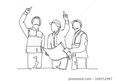 Continuous one line drawing young architect holding blueprint and discussing building construction with foreman. Designer and architecture concept. Single line draw design vector graphic illustration 108552997