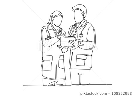 Continuous one line drawing young smart male and female doctor discussing about health topic article on tablet. Medical healthcare service concept. Single line draw design vector graphic illustration 108552998
