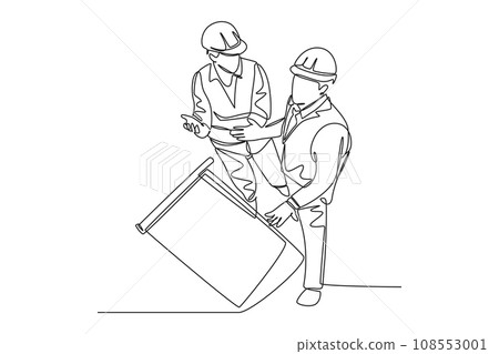 Single continuous line drawing of young architect and foreman discussing about blueprint building design. Construction planning talk concept. Dynamic one line draw graphic design vector illustration 108553001
