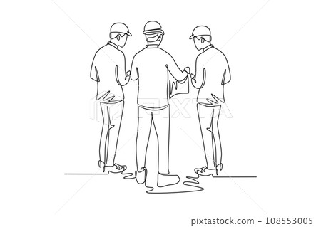 Single continuous line drawing back view young architect and foreman brainstorming about blueprint building design. Construction discussion planning. One line draw graphic design vector illustration 108553005
