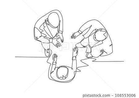 Single continuous line drawing of young businessmen chatting on business conference event from top view. Business discussion at office concept. Dynamic one line draw graphic design vector illustration 108553006