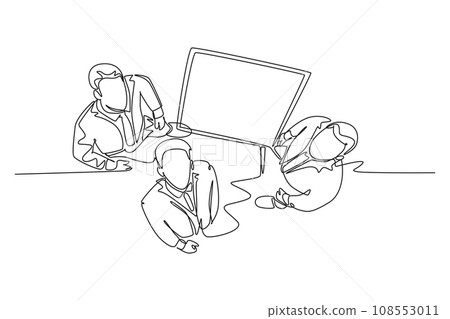 Single one line drawing top view of young happy business men meeting using flip chart. Business executive presentation teamwork concept. Modern continuous line draw design graphic vector illustration 108553011