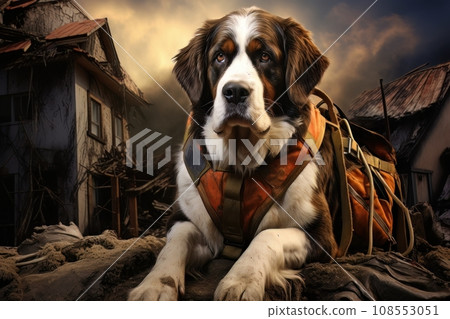 Rescue dog against the background of ruins AI Rescue dog against the background of ruins AI 108553051