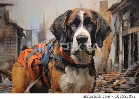 Rescue dog against the background of ruins AI 108553052