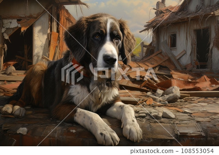 Rescue dog against the background of ruins AI 108553054