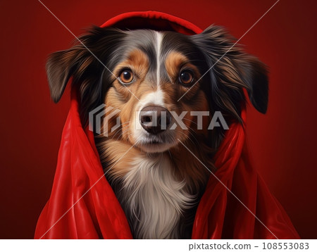 Superhero rescue dog in a red cloak on red background isolated AI Superhero rescue dog in a red cloak on red background isolated AI 108553083