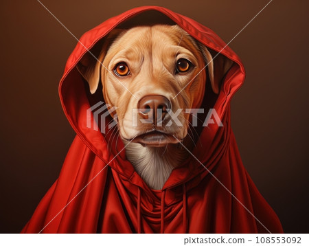 Superhero rescue dog in a red cloak on red background isolated AI Superhero rescue dog in a red cloak on red background isolated AI 108553092