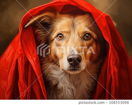 Superhero rescue dog in a red cloak on red background isolated AI Superhero rescue dog in a red cloak on red background isolated AI 108553098