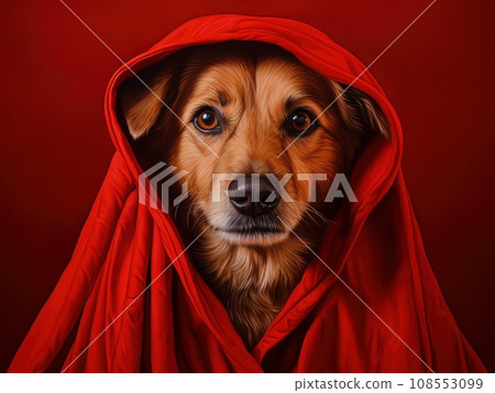 Superhero rescue dog in a red cloak on red background isolated AI Superhero rescue dog in a red cloak on red background isolated AI 108553099