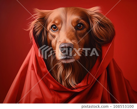 Superhero rescue dog in a red cloak on red background isolated AI 108553100