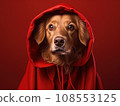 Superhero rescue dog in a red cloak on red background isolated AI 108553125