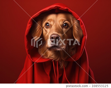 Superhero rescue dog in a red cloak on red background isolated AI 108553125