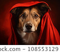 Superhero rescue dog in a red cloak on red background isolated AI 108553129